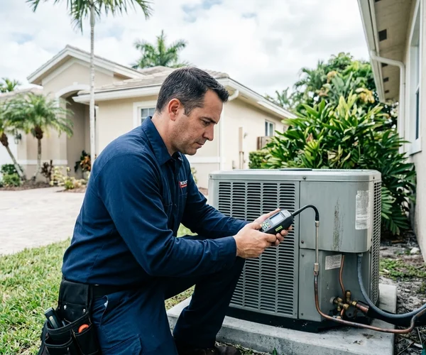 Rocket HVACR technician arriving at a Hialeah home at night for an emergency AC repair call, truck visible with emergency lighting, urgent professional response