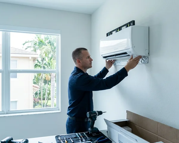 Rocket HVACR technician mounting a ductless mini split indoor air handler on a Miami-Dade home interior wall during a professional installation visit