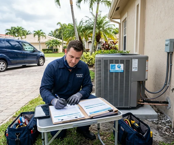 Rocket HVACR licensed HVAC contractor reviewing plans or inspecting equipment at a Doral commercial or residential property, professional documentation in hand, Doral business district visible in background