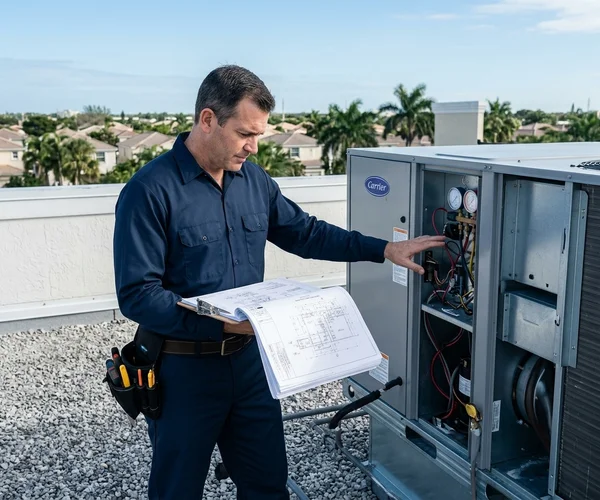Rocket HVACR licensed engineer reviewing HVAC system documentation beside a rooftop unit on a South Florida commercial building, professional uniform, bright sky backdrop