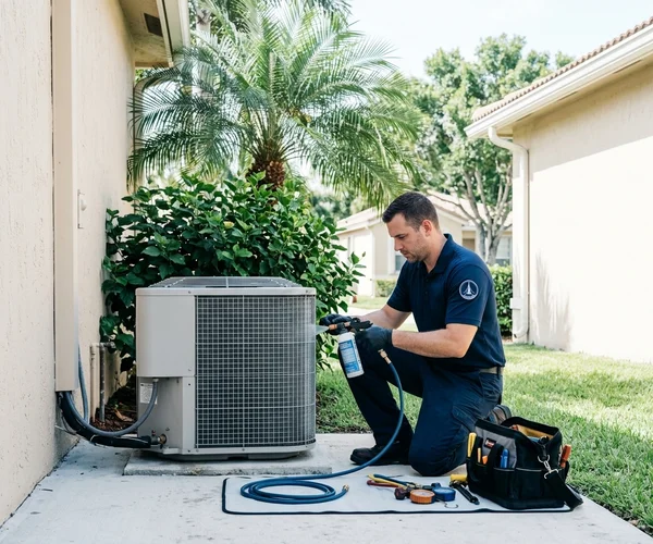 Rocket HVACR technician performing a scheduled AC maintenance visit at a Miami-Dade home, cleaning condenser coils on the outdoor unit with professional equipment