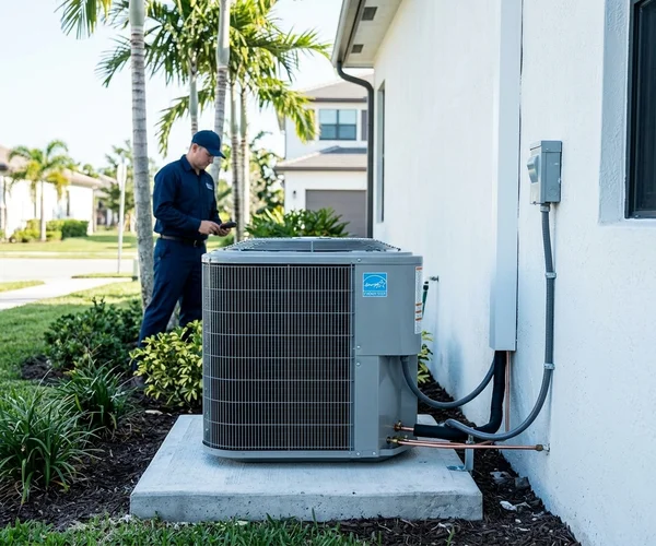 Rocket HVACR technician servicing a commercial rooftop HVAC unit on an Aventura retail or office building, professional equipment visible on a commercial rooftop