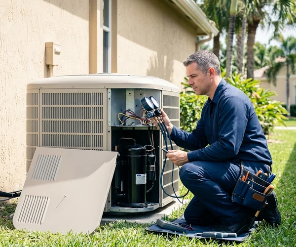 Rocket HVACR technician diagnosing an AC system at a large Pinecrest estate home surrounded by mature tropical landscaping