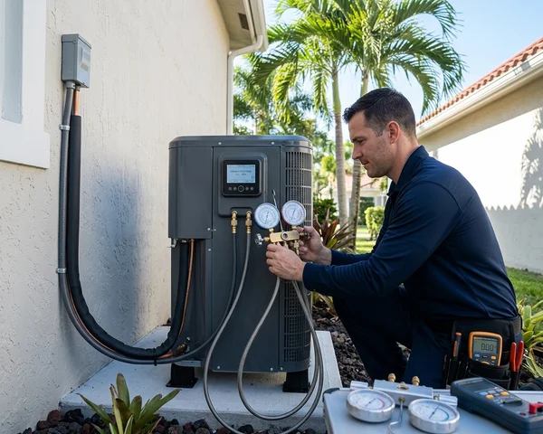 Variable speed inverter-driven AC condenser unit installed at a Miami home, modern slim profile with advanced control panel, professionally mounted with clean refrigerant line set