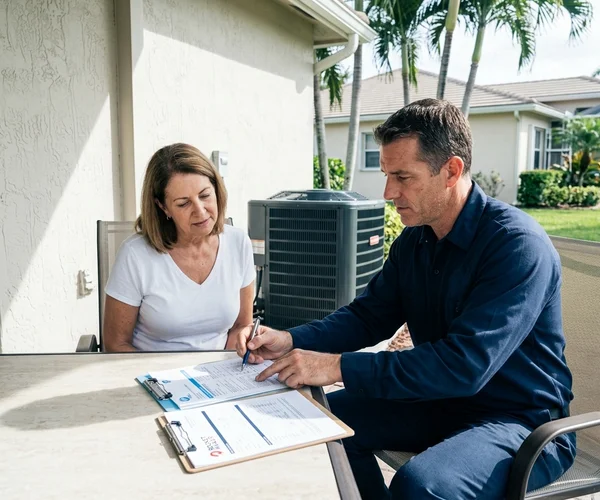 Rocket HVACR technician using air quality monitoring equipment in a Miami Beach condo to test humidity and particulate levels near a window facing the ocean