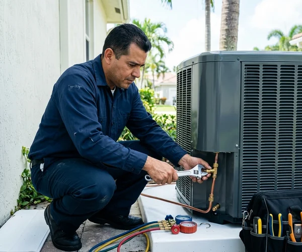 Rocket HVACR technician installing a new central air conditioning system in a Miami-Dade home, connecting refrigerant lines at the outdoor condenser unit