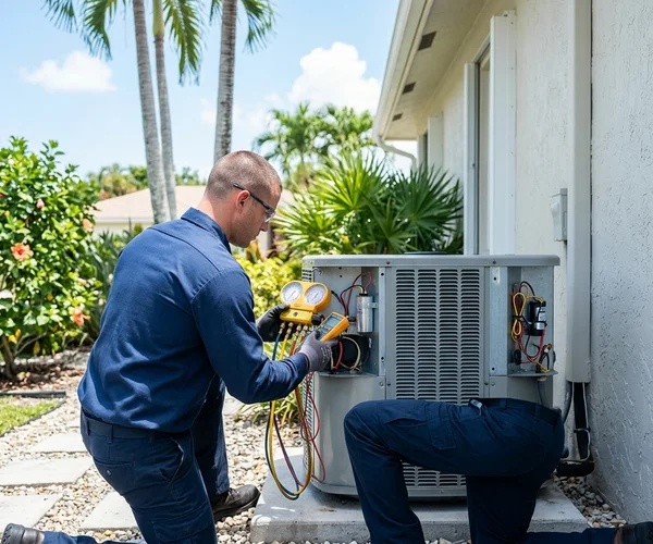 Rocket HVACR technician performing a detailed AC tune-up inspection on a residential split system in Doral, checking electrical components with diagnostic tools