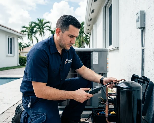 Rocket HVACR technician using indoor air quality monitoring equipment in a modern Doral office or home, digital sensors measuring particulates and humidity levels, professional diagnostic setting
