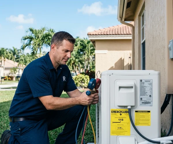 Rocket HVACR technician installing a ductless mini-split indoor air handler unit on the wall of a modern Doral home or office, clean mounting with lineset cover, professional installation