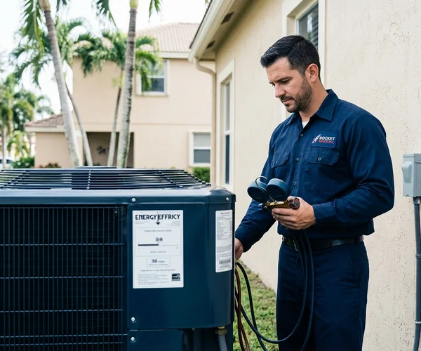 Rocket HVACR technician using manifold gauges to diagnose an air conditioning unit at a Miami home, focused and methodical, professional uniform