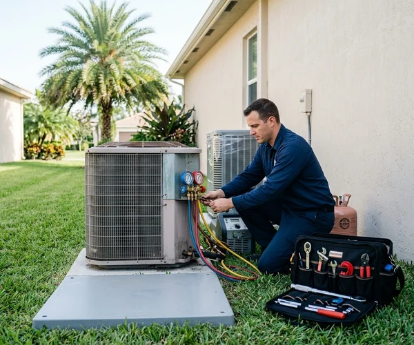 Rocket HVACR technician performing a preventative AC maintenance visit at an Aventura condo, cleaning coils and inspecting system components with precision