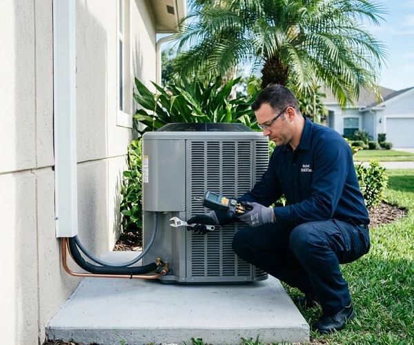 Rocket HVACR technician using an air quality monitor in a Kendall home living room, measuring humidity and particulate levels with a digital IAQ meter