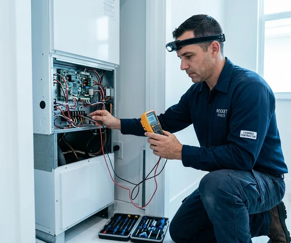 Rocket HVACR technician conducting a preventative HVAC system inspection at a South Florida home, checking electrical components with a multimeter, professional uniform, clean indoor setting