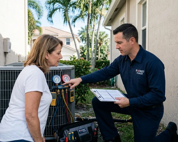 Rocket HVACR technician removing the front panel of a ductless mini-split indoor unit in a Kendall home to diagnose an error code, diagnostic tools and service gauges visible