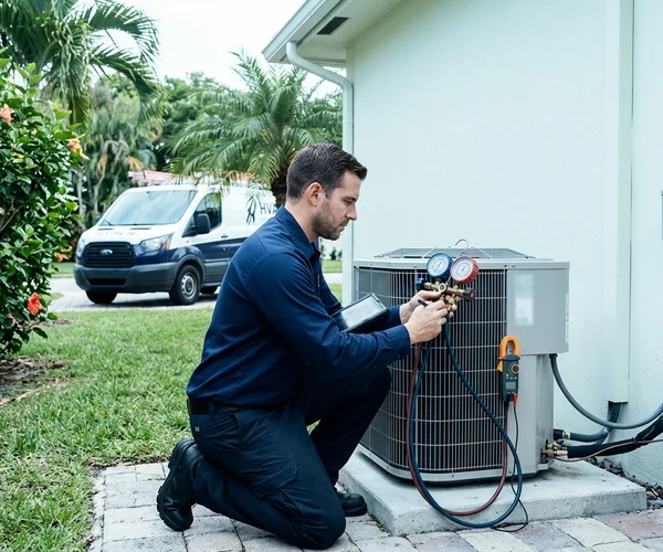Rocket HVACR technician diagnosing an AC condenser unit in a Miami-Dade backyard, using manifold gauge set with service truck visible in background