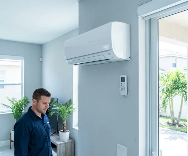 Wall-mounted ductless mini split indoor air handler unit installed in a Miami-Dade living room, clean installation with slim profile unit and remote control visible