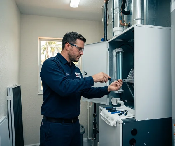 Rocket HVACR technician inspecting a rooftop HVAC unit on a Miami Beach building with Art Deco architecture and the Atlantic Ocean visible in the background
