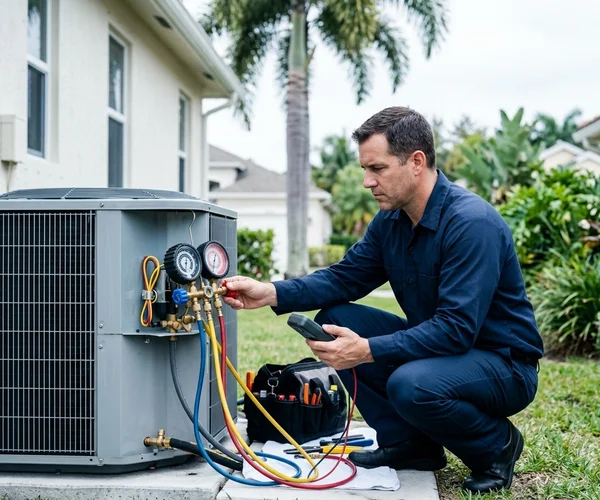 Rocket HVACR technician cleaning AC condenser coils and checking refrigerant levels during a tune-up visit at a Hialeah home, detailed systematic service approach