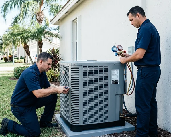 AHRI-certified SEER2-compliant air conditioning system being installed at a Miami-Dade home, efficiency rating label visible on the condenser unit