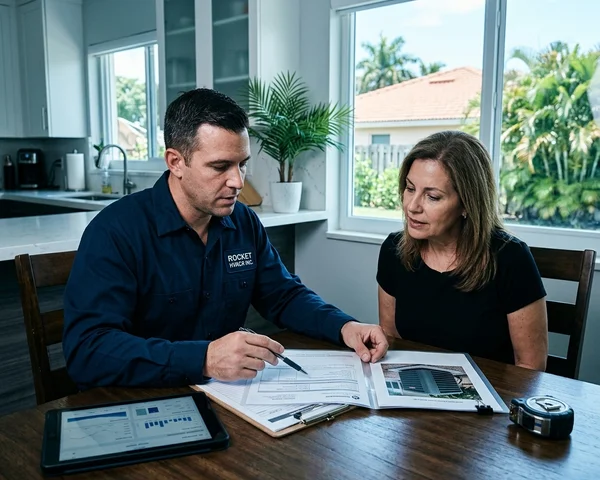 Rocket HVACR technician reviewing an AC installation estimate with a Miami homeowner at their kitchen table, clear and transparent documentation visible