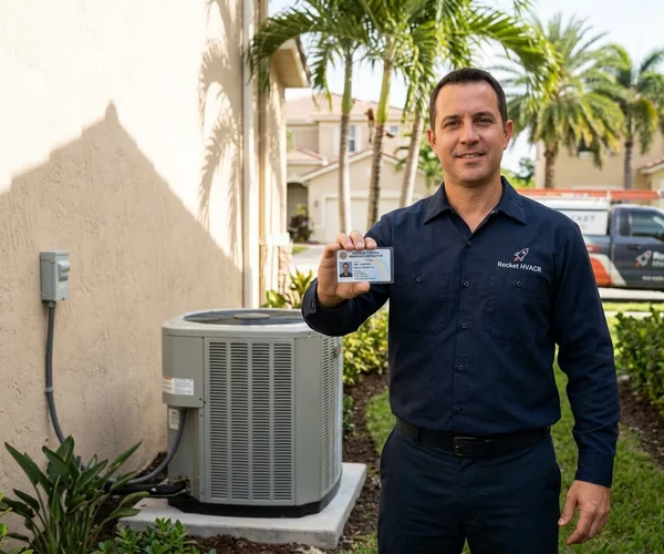 Rocket HVACR technician presenting a Florida CMC contractor license card beside a completed residential HVAC installation in Miami, professional uniform, neat jobsite