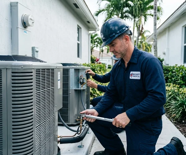 Rocket HVACR technician connecting a negative pressure machine to a supply trunk in a Kendall ranch home, registers removed and duct access panel open for professional cleaning