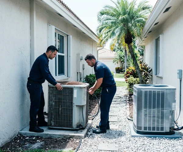 Rocket HVACR crew removing an old AC condenser unit from a Miami-Dade home while a new replacement unit sits ready for installation nearby
