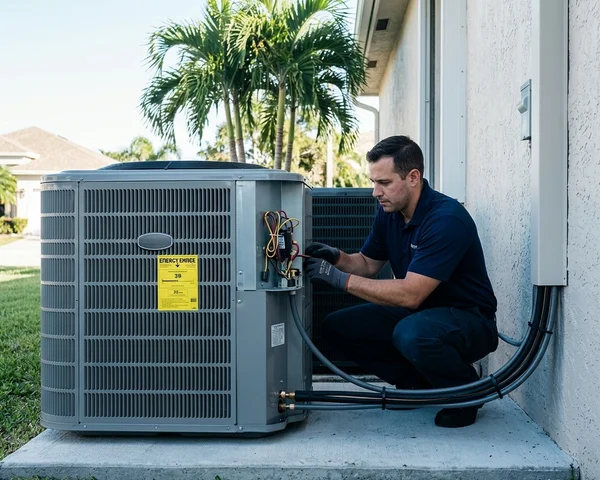 Modern high-efficiency air conditioning condenser unit installed beside a Miami home with energy efficiency rating labels visible, clean installation with proper clearances