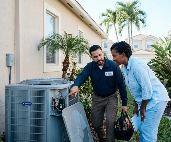 Rocket HVACR technician using truck-mounted vacuum equipment to clean air ducts in a Doral, FL home near Miami International Airport, duct opening visible with debris collection