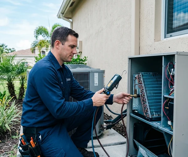 Rocket HVACR technician performing a scheduled HVAC maintenance visit at a South Florida home, inspecting evaporator coil with a diagnostic tool, professional uniform