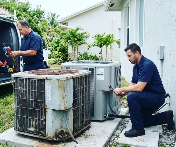 Rocket HVACR technician using professional duct cleaning equipment in a Miami home, negative pressure machine connected, supply registers removed for access