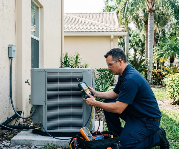 Rocket HVACR technician inspecting residential ductwork in a Hialeah home with a camera before air duct cleaning, professional equipment visible