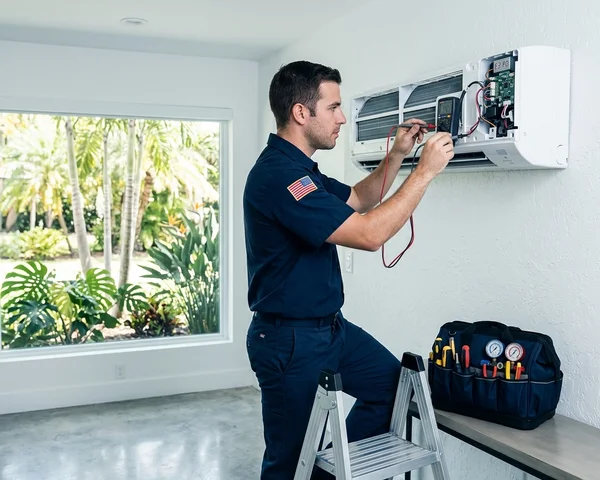 Rocket HVACR technician diagnosing a ductless mini split system at a Miami-Dade home, reading error codes on the indoor unit display with diagnostic equipment