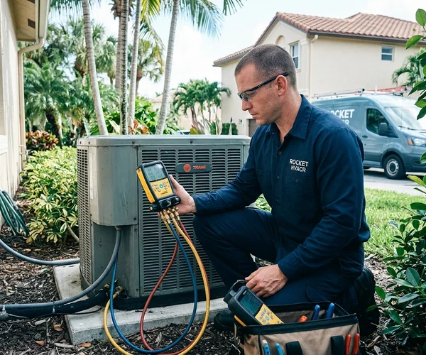 Rocket HVACR technician using diagnostic tools to measure refrigerant pressure on an AC system during a scheduled tune-up visit at a Miami-Dade home