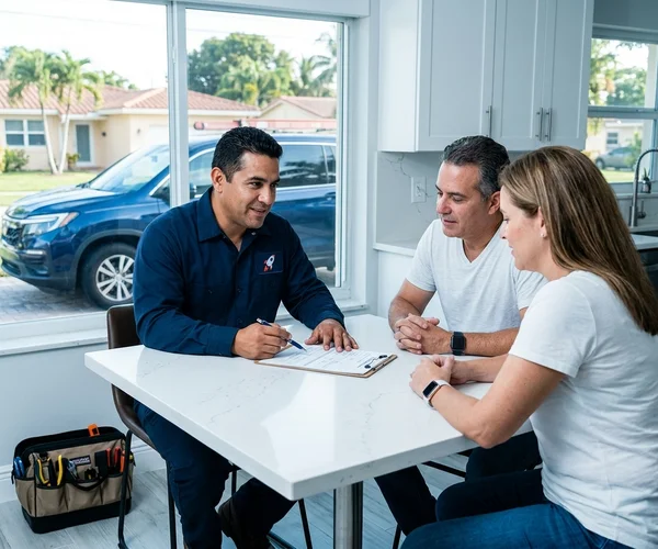 Rocket HVACR contractor reviewing financing paperwork with a Miami homeowner at a kitchen table, professional and approachable tone, modern home interior