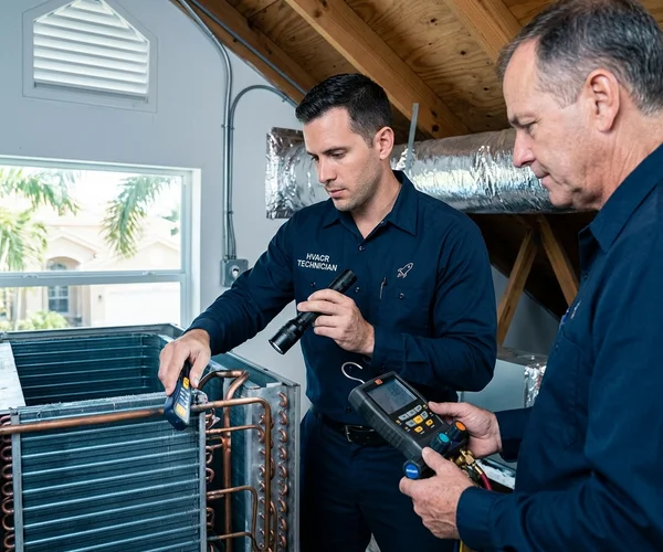 Rocket HVACR licensed technician performing an air conditioning inspection on a residential split-system unit inside a Miami-Dade home