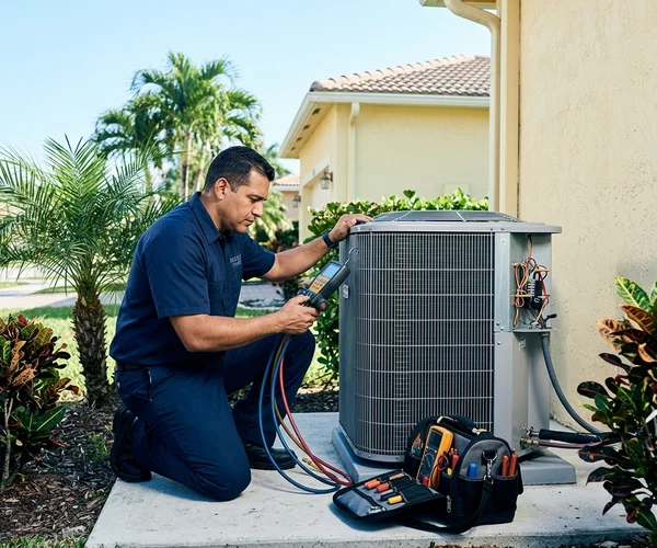 Rocket HVACR technician using an IAQ meter to measure humidity and particulate levels inside a Miami home, professional assessment equipment visible